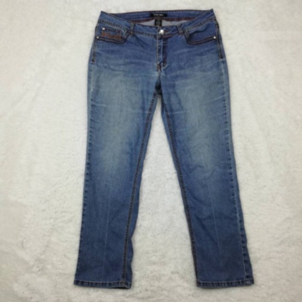 Roz & Ali Jeans Womens Straight Leg Blue Thick Stitch Embellished Petites 10